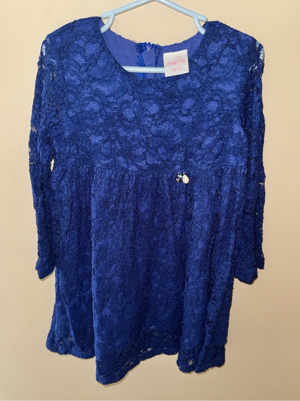 Bonny Billy Royal Blue Floral Lace Dress Rhinestone Pearl Charm 4-5 Years